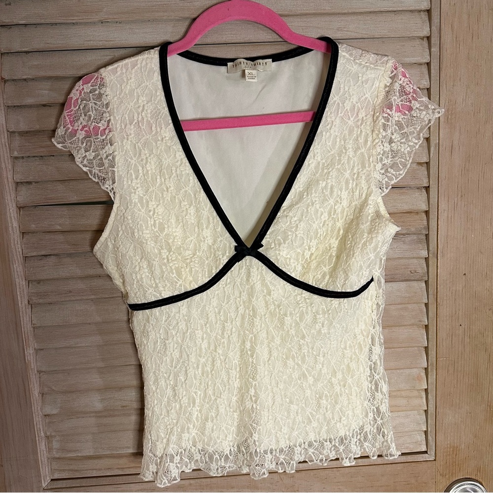 Thirty/Thirty LA Cream Lace Top with Black Trim- Size XL